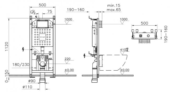 Комплект инсталляции VitrA V12 9004B003-7202 с безободковым унитазом VitrA Integra Round кнопка матовый хром