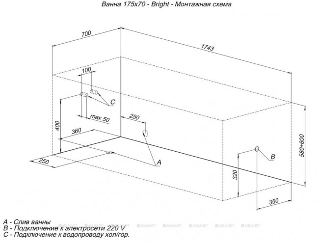 Ванна акриловая Aquanet Bright 175*70 с каркасом 00273795