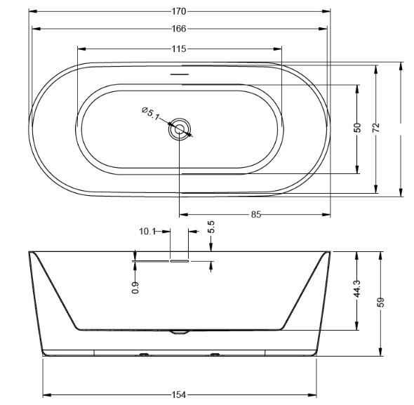 Ванна акриловая Riho Modesty Velvet 170*76 B090005105 с функцией Riho Fall